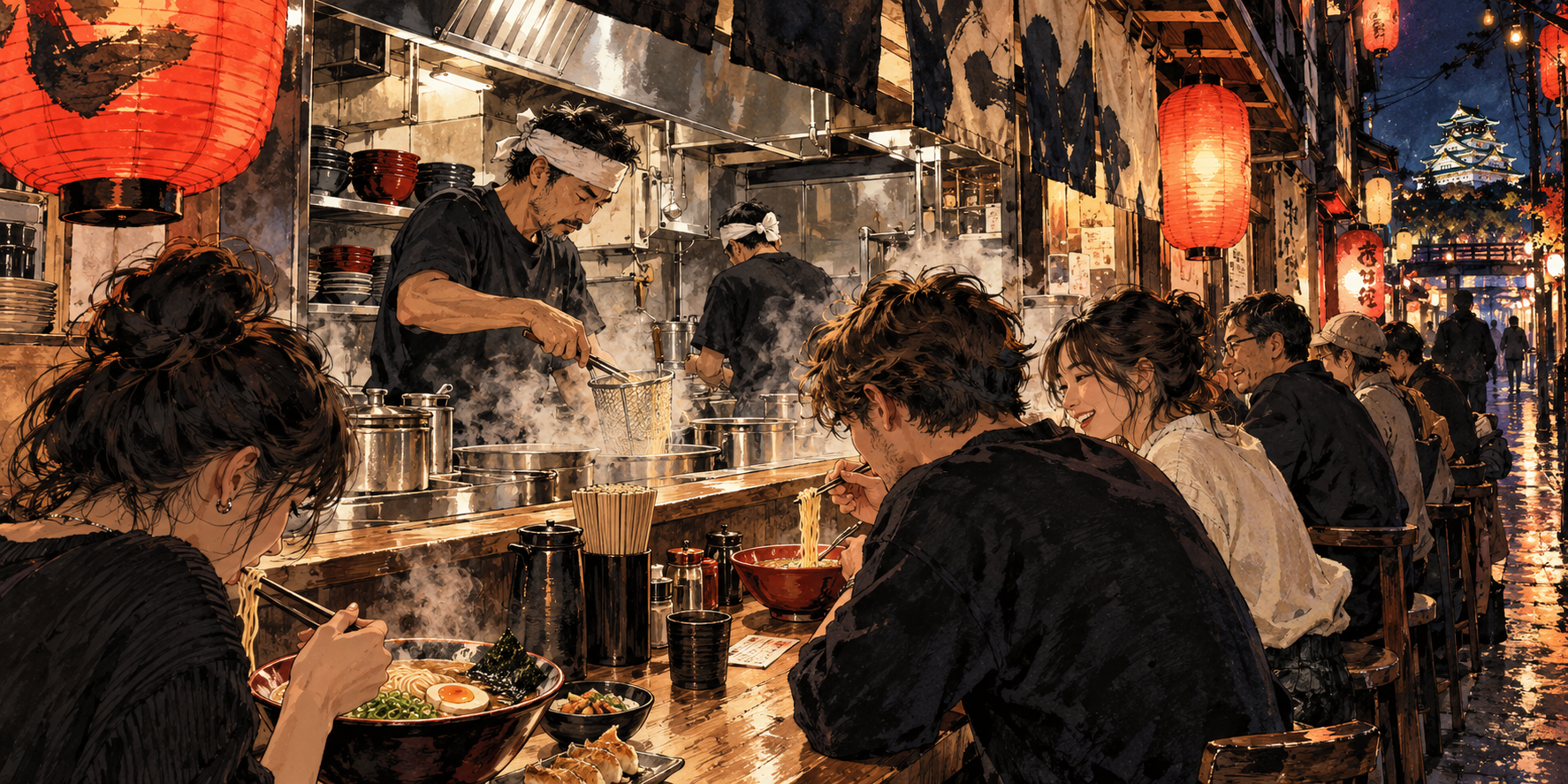 Original illustration of an Osaka ramen counter at night