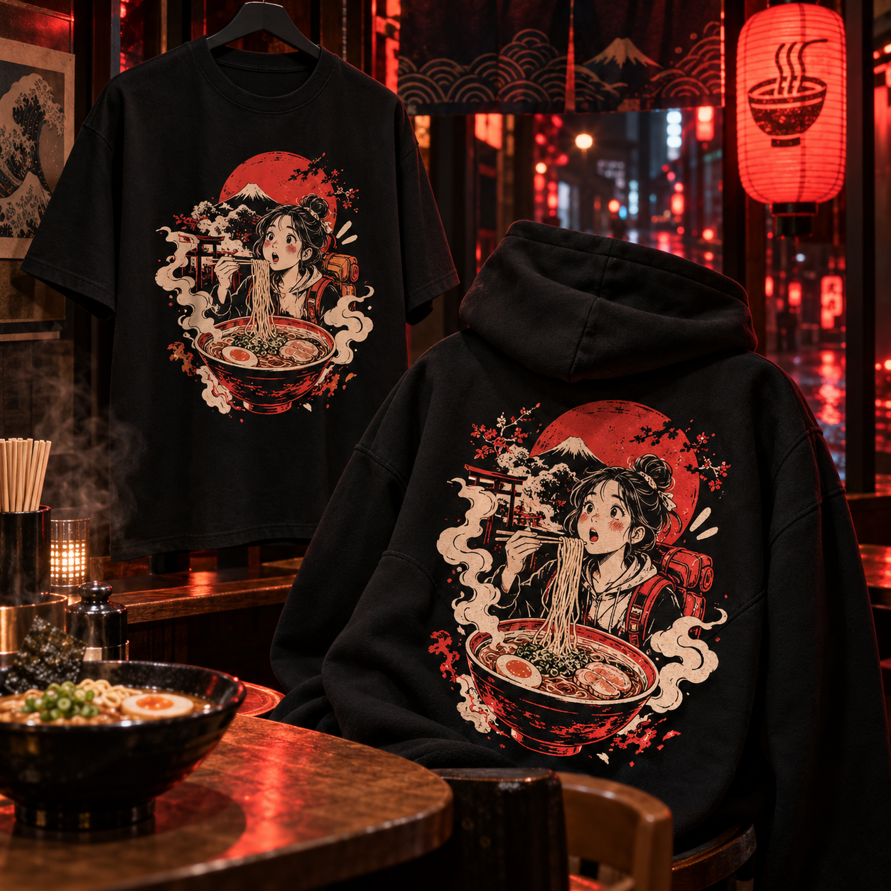 Original ramen-inspired shirt and hoodie collection concept